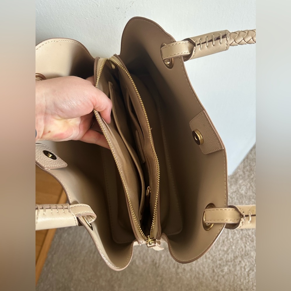 Nanette Lepore Tan Sybil Braided Handle Shoulder Bag Multiple Pockets EUC - Picture 4 of 12